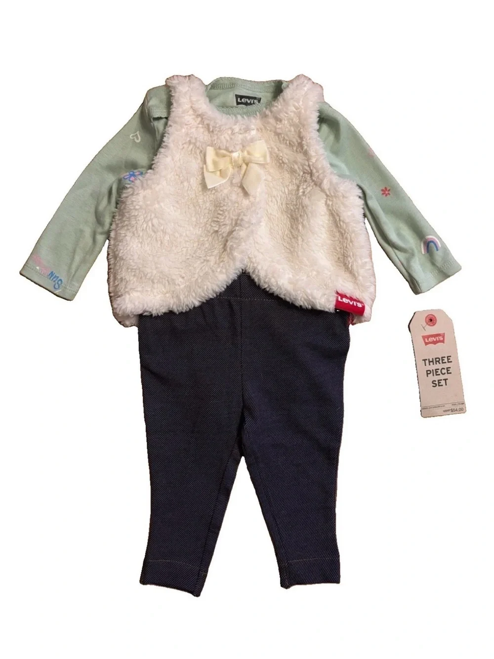 Levi's Baby Girls' 3-Piece Green Bodysuit, Cream Vest & Navy Leggings Set - 6M